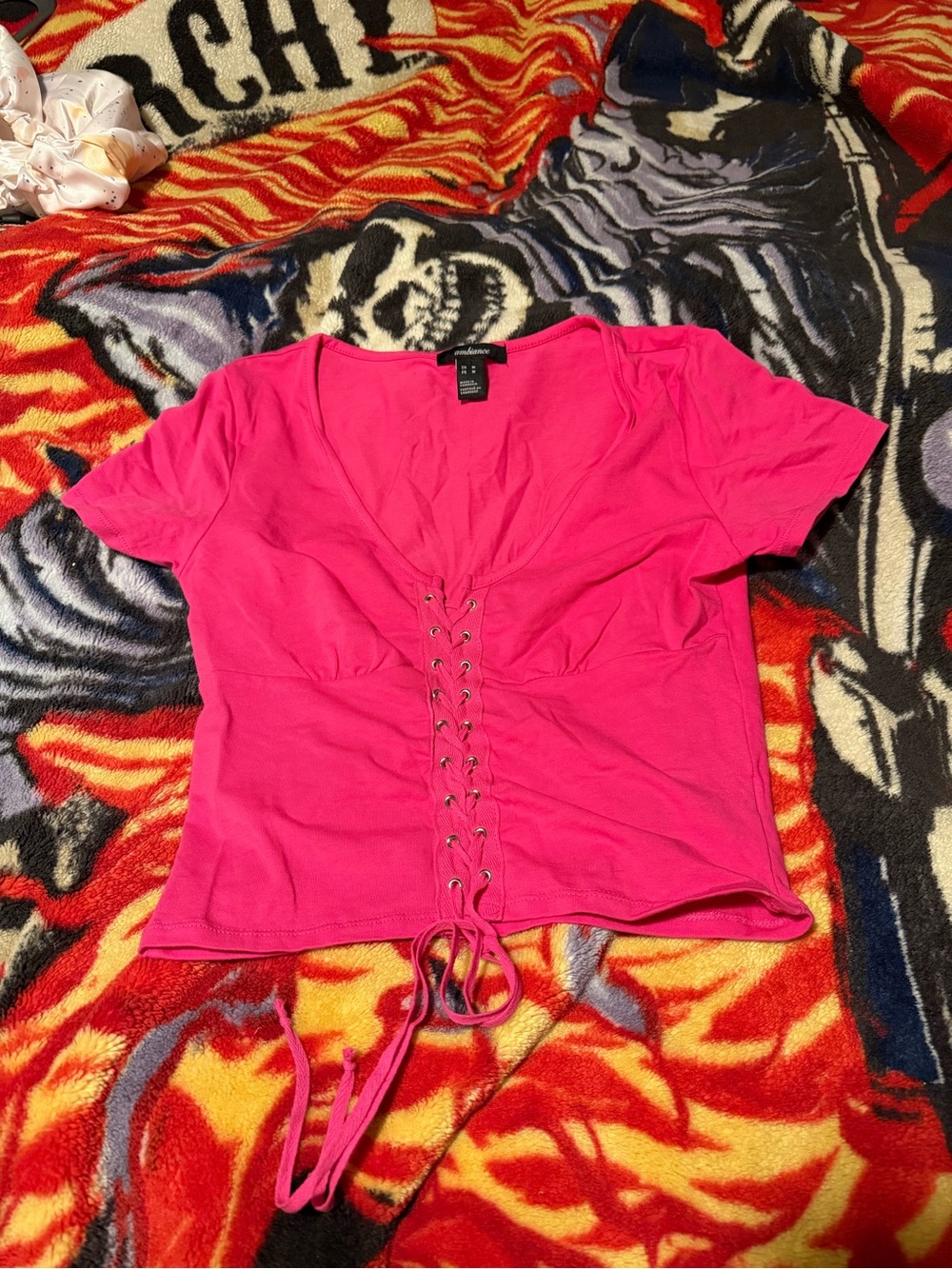 Ambiance Hot Pink Lace-Up Short Sleeve Tee